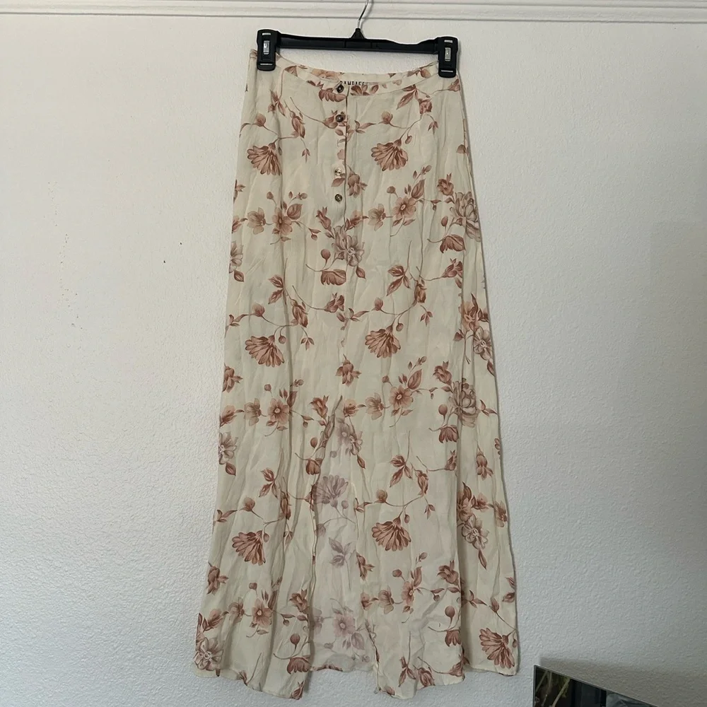 Rare Vintage Rampage Floral Cream and Pink Brown Women's Skirt Split Buttons - Picture 1 of 7
